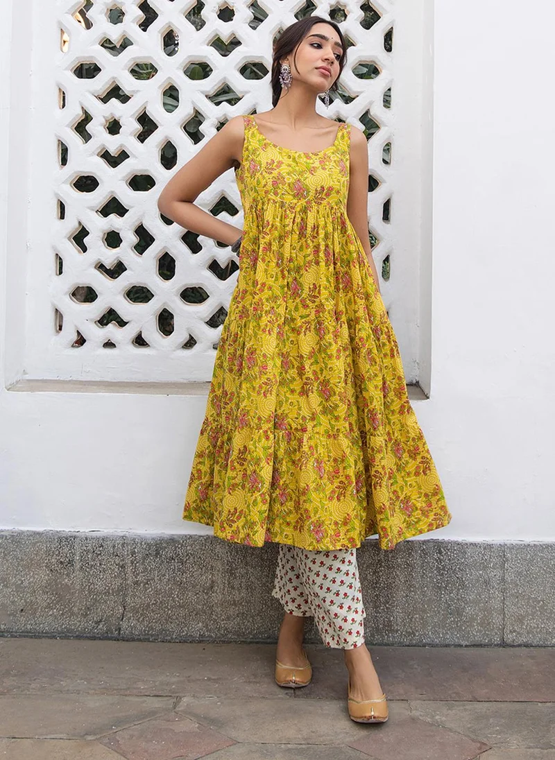 ZERESOUQ Mustard Cotton Floral Gathered Kurta Set